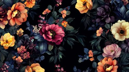 Dark Floral Arrangement: Vibrant Blooms Against Black.