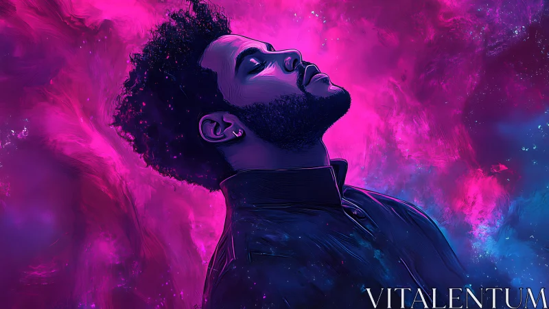 Neon stargazer leans into a storm of magenta cosmos light