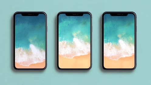 Three black smartphones align over teal studio background.