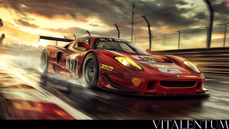 Red GT race car on wet circuit at dusk under clouds.