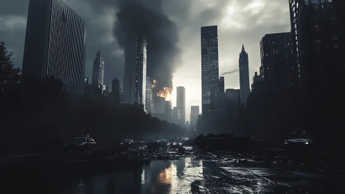 City street is shown under dense smoke and structural fire