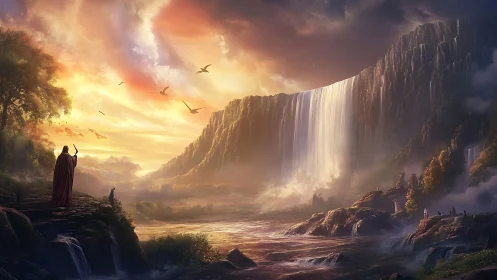 Sunlit mage communes with colossal cascading heavens