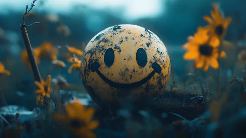 Smiley face ball rests weathered among blurred wildflowers.