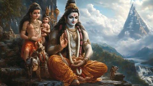 Sacred Himalayan family of Shiva in luminous serenity.