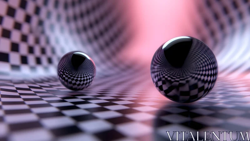 Reflective spheres glide across warped pink checker space