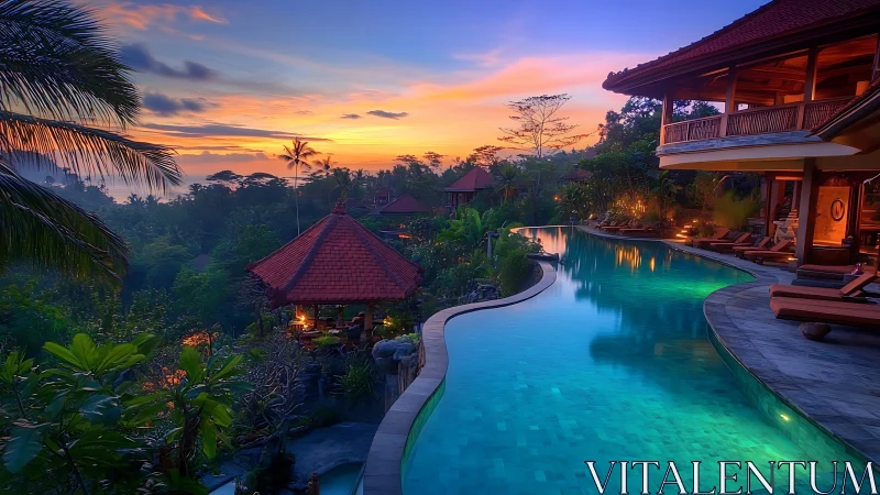Twilight infinity pool cradles a jungle hillside in neon calm