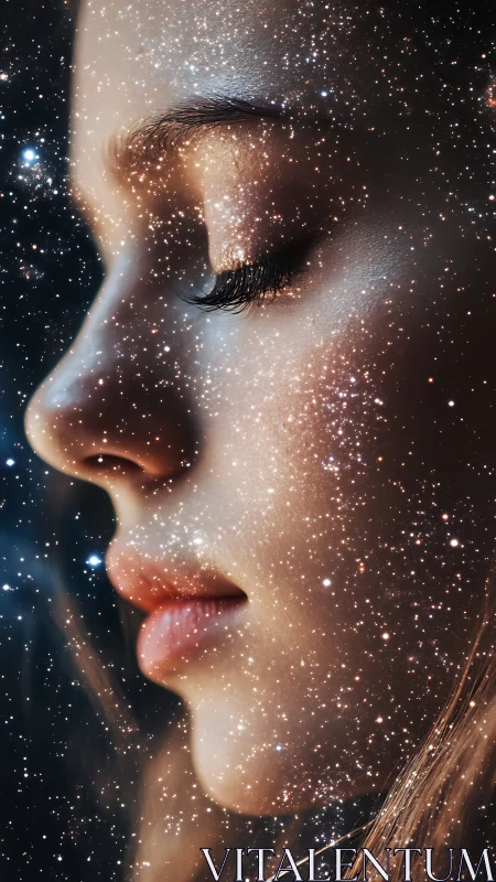 Starry portrait merges serene female face with cosmos.