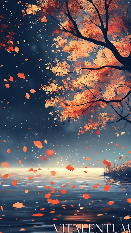 Autumn leaves drift over twilight lake in serene silence