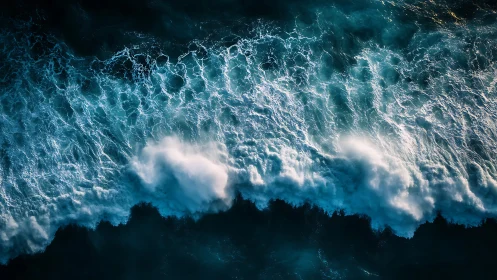 Aerial ocean breakers crash with teal foam patterns.