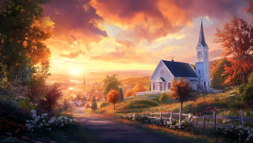 Sunlit country church above valley at glowing sunset.