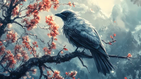 Raven remains perched on flowering branch amid diffuse mist