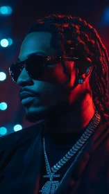 Neon-lit hip hop portrait in red blue split lighting profile