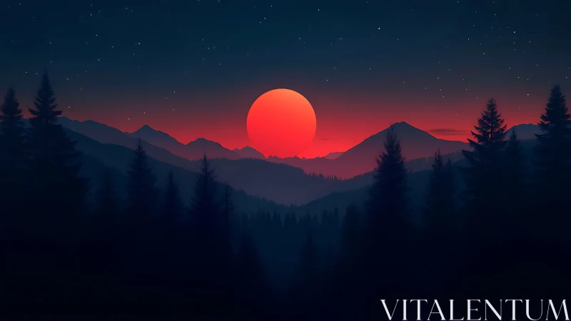 Crimson sun descends behind layered pines and alpine silhouettes