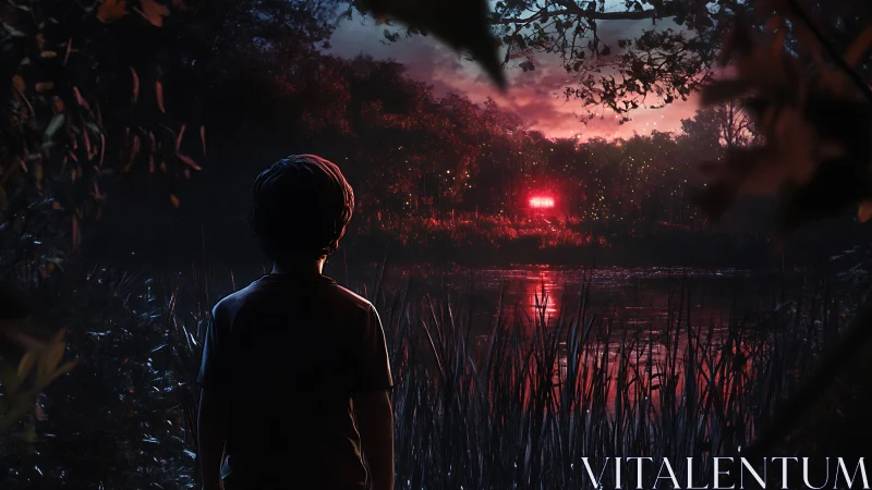 Boy silhouetted by eerie red river lights at twilight forest.
