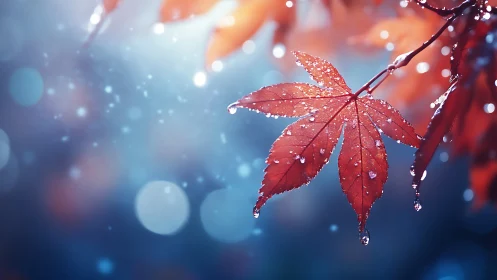 Gentle autumn leaf sparkling with raindrops at twilight.