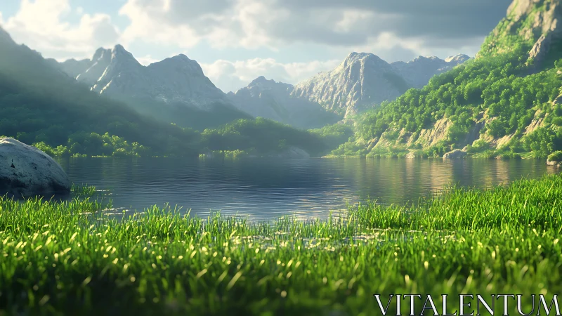 Mountain lake with grass shoreline under soft daylight.