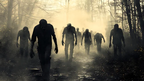 Zombie horde advancing through dense foggy forest path.
