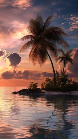 Silhouetted Palm Tree Against Dramatic Sunset Cloudscape Over Water