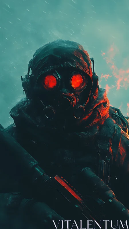 Postapocalyptic sniper in red gas mask glow, blizzard