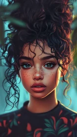 Curly haired girl with freckles in soft digital portrait.