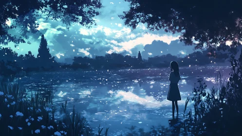 Silhouette girl stands by reflective lakeside at dusk