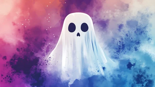 Gentle cartoon ghost drifting through dreamy misty colors.