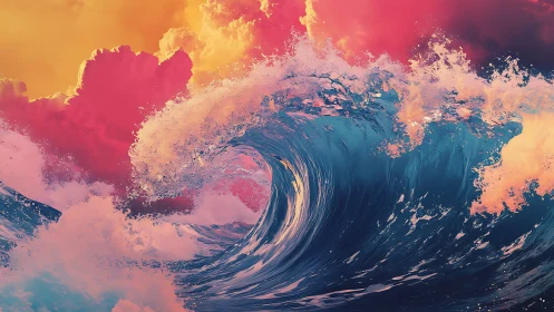 Neon tide curls beneath a sherbet storm sky in motion.