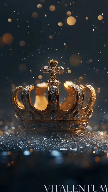 Golden jeweled crown on glittering dark background.