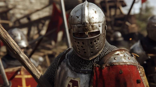 Steely eyed medieval knight stands ready on a crowded battlefield