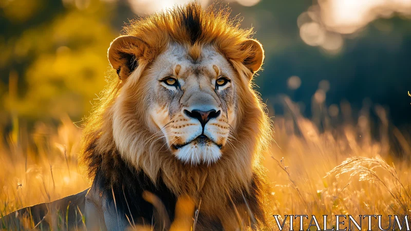 Golden hour lion rests in glowing savannah grasslands