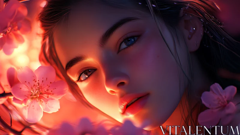 Soft spring glow around a dreamy face and cherry blossoms.
