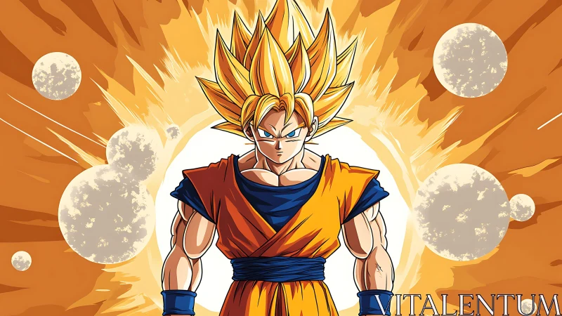 Anime warrior in orange gi amid explosive golden aura.