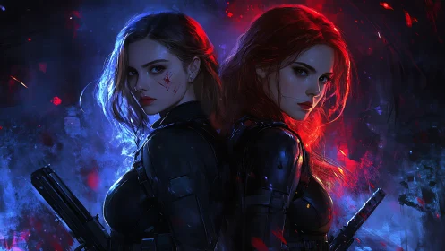 Twin gunfighters blaze through neon stormlight and shadow.