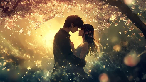 Romantic anime couple under glowing cherry blossoms.