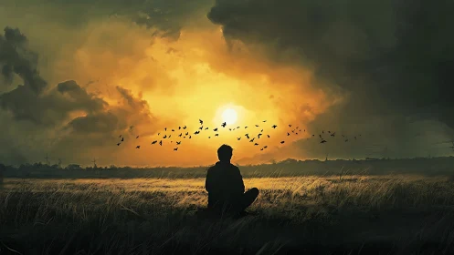 Golden sunset solitude with a quiet, thoughtful wanderer.