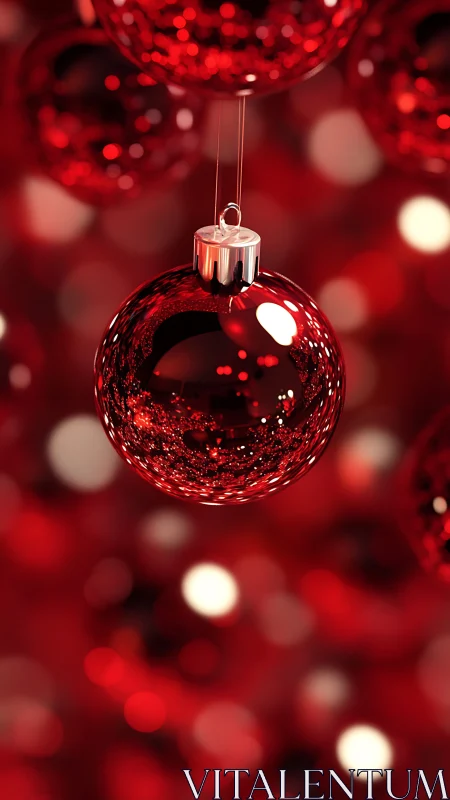 Red glass bauble glows against blurred festive bokeh background.
