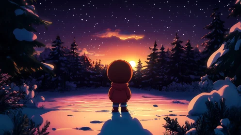 Backlit child observing winter sunset with stylized rim lighting