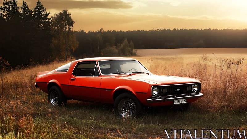 Vintage orange muscle car rests in golden rural meadow at dusk