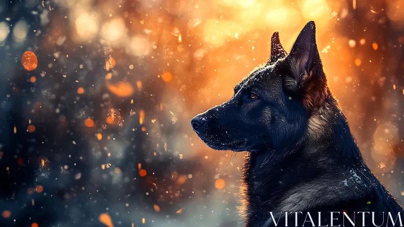 Luminous winter portrait of alert dog in embered snowfall.