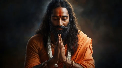 Male figure in orange robe with folded hands in focus.