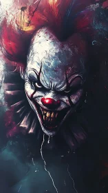 Sinister clown portrait glows from chaotic dark background