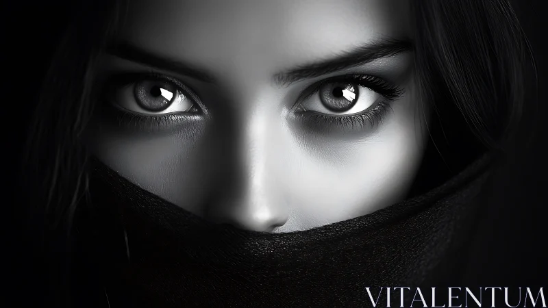 Close female eyes in monochrome portrait with dark scarf