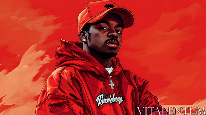 Streetwear portrait glows inside saturated red minimal field.