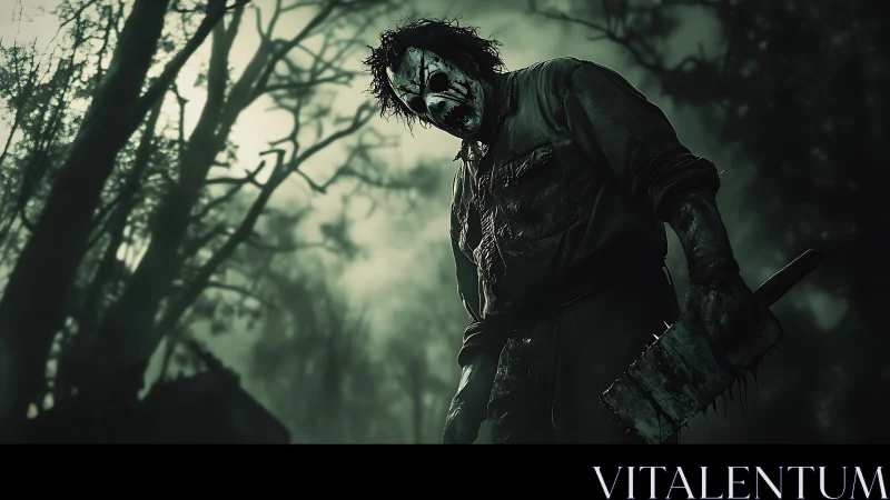 Cinematic horror butcher in foggy forest, low-angle framing.