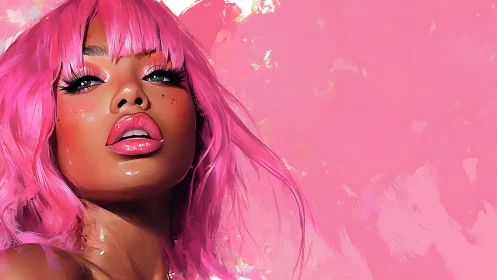 Bold pink portrait shows glossy lips and vivid hair