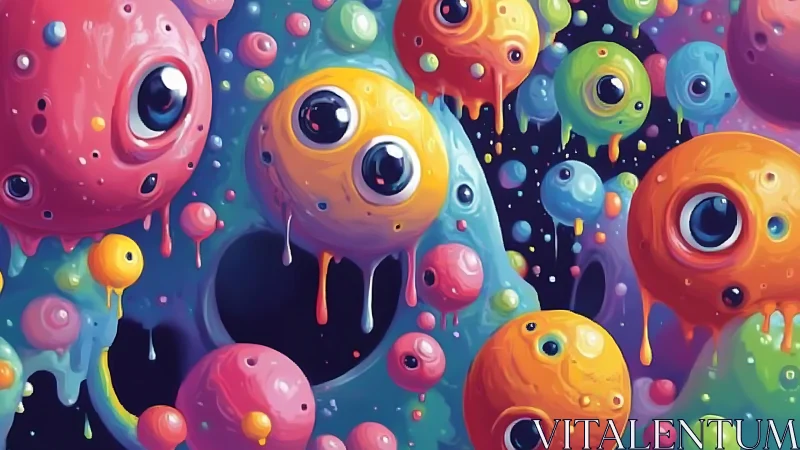 Dripping cosmic orbs float through neon cartoon galaxy.