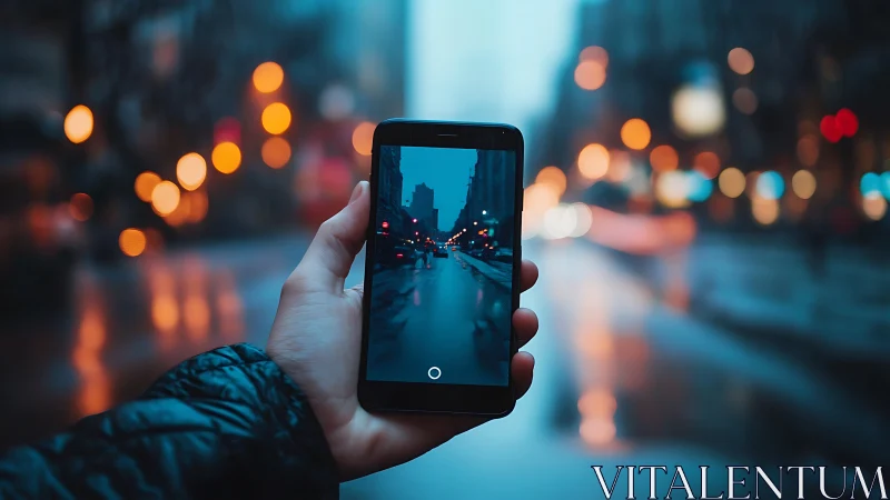 Smartphone captures wet city street with blurred night lights.