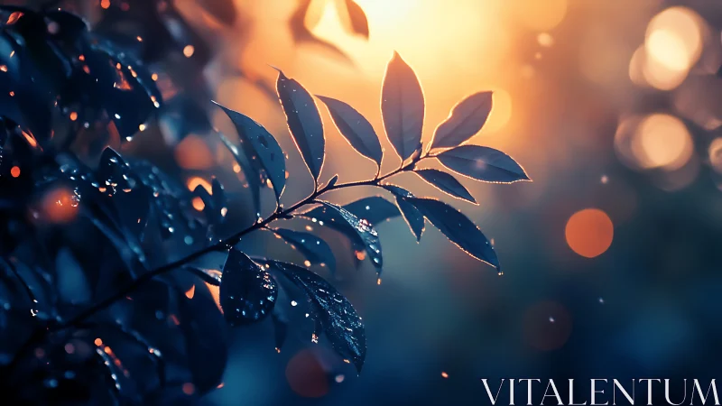 Backlit dew-covered leaves against glowing bokeh sunset.