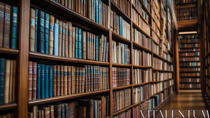 Long wooden library stacks with tightly packed vintage volumes