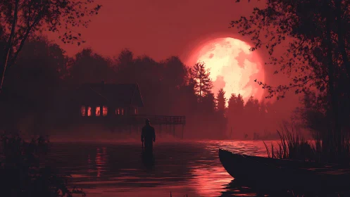 Red monochrome lakeside scene with silhouetted figure and supermoon